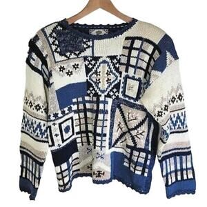 Tiara International Womens Floral Knit Pullover Sweater size S Blue Vintage 90s